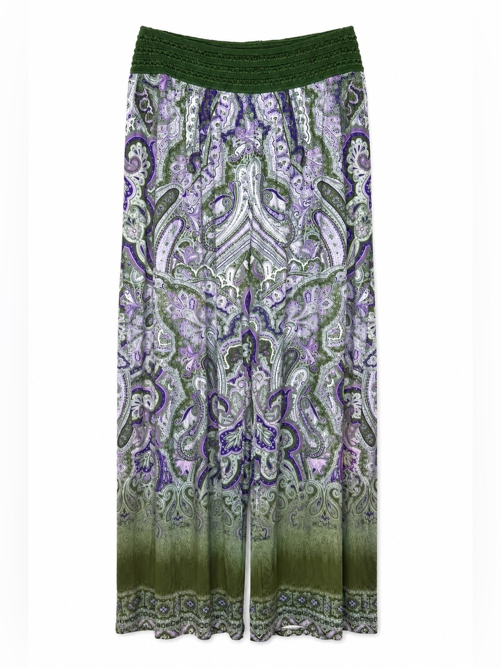 One World 3X Green Purple Paisley Wide Leg Palazzo Pants Boho Stretch Waist